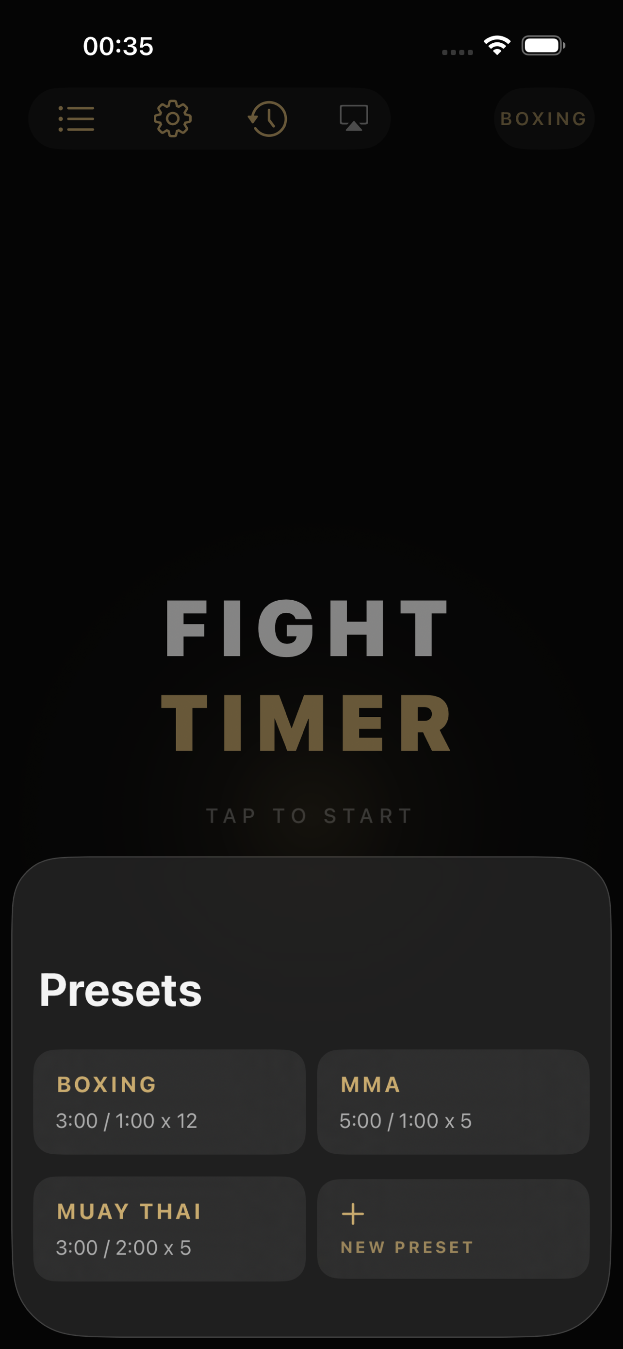 Timer presets — Boxing, MMA, Muay Thai